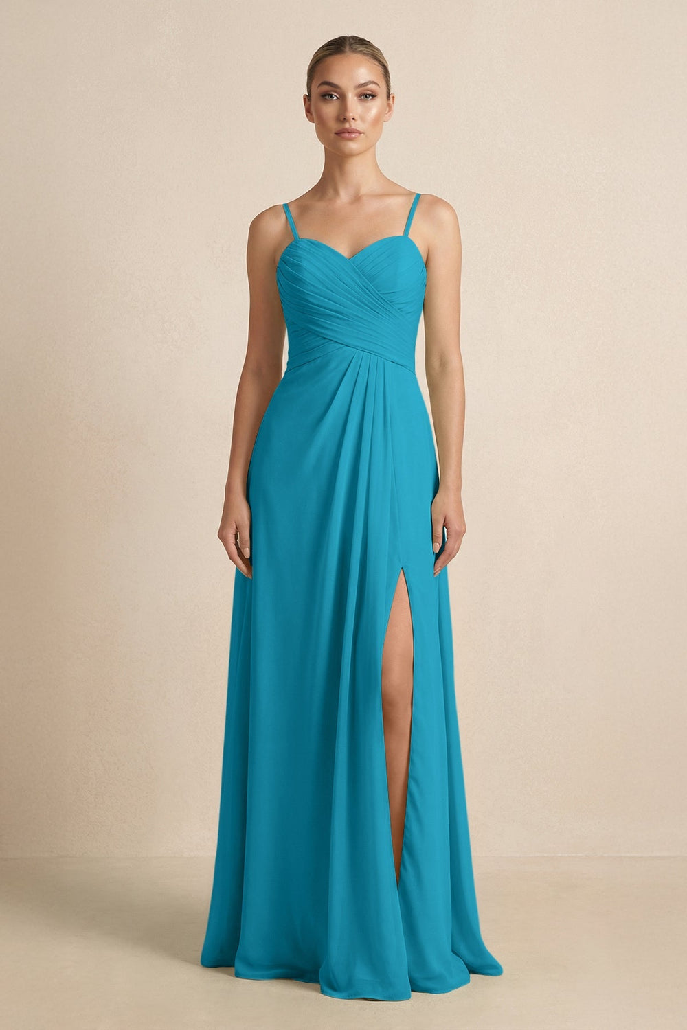 V - Neck A - Line Chiffon Pleated Bridesmaid Dress in Blue Jay - SHE IS ME Bridesmaid Dresses