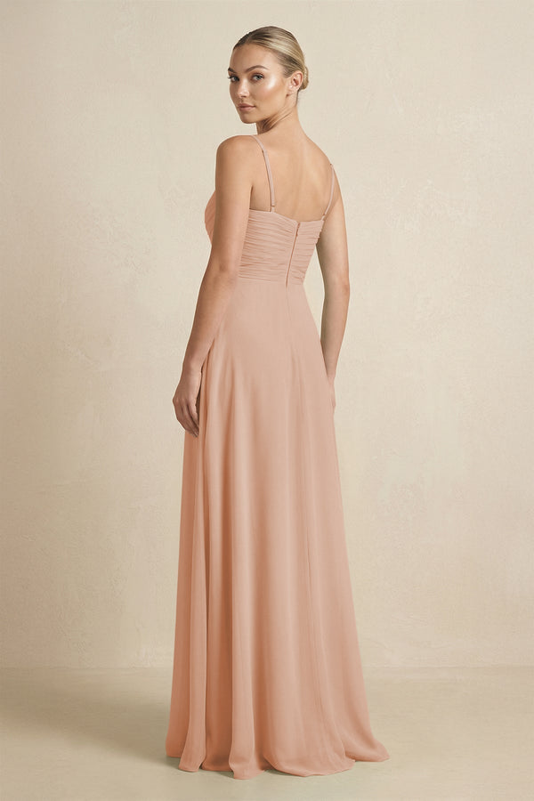 V - Neck A - Line Chiffon Pleated Bridesmaid Dress in Champagne Rose - SHE IS ME Bridesmaid Dresses