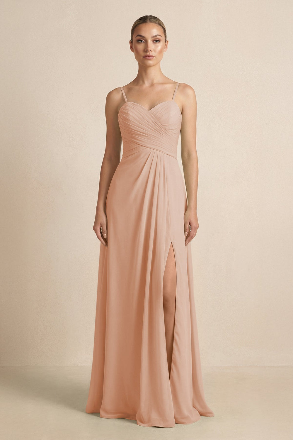 V - Neck A - Line Chiffon Pleated Bridesmaid Dress in Champagne Rose - SHE IS ME Bridesmaid Dresses