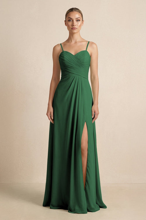 V - Neck A - Line Chiffon Pleated Bridesmaid Dress in Dark Green - SHE IS ME Bridesmaid Dresses