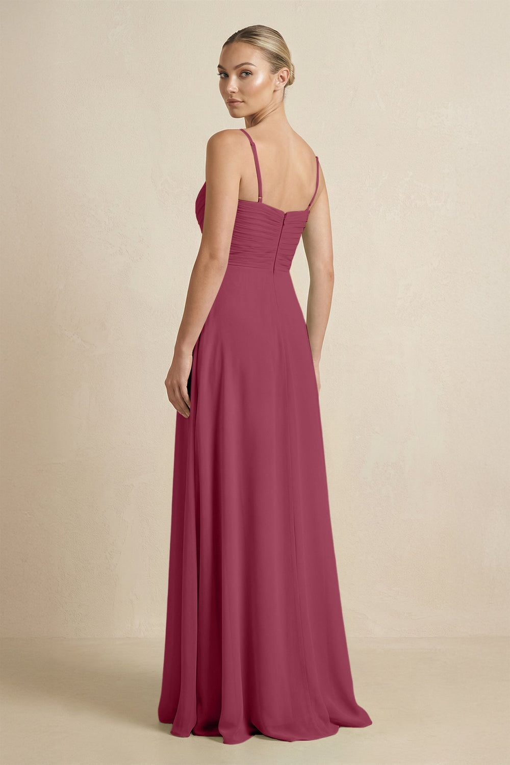 V - Neck A - Line Chiffon Pleated Bridesmaid Dress in Desert Rose - SHE IS ME Bridesmaid Dresses