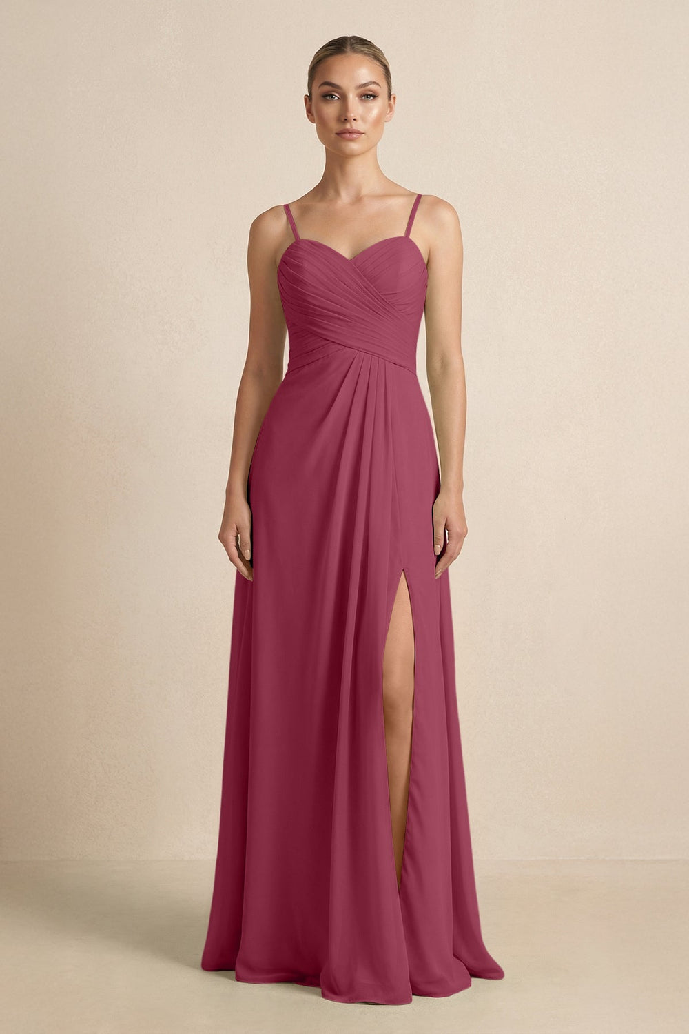 V - Neck A - Line Chiffon Pleated Bridesmaid Dress in Desert Rose - SHE IS ME Bridesmaid Dresses