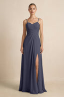 V - Neck A - Line Chiffon Pleated Bridesmaid Dress in Dusk Blue - SHE IS ME Bridesmaid Dresses