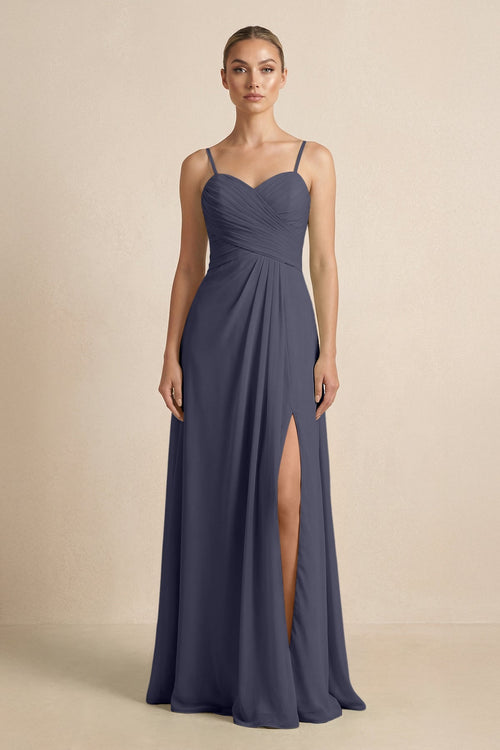 V - Neck A - Line Chiffon Pleated Bridesmaid Dress in Dusk Blue - SHE IS ME Bridesmaid Dresses