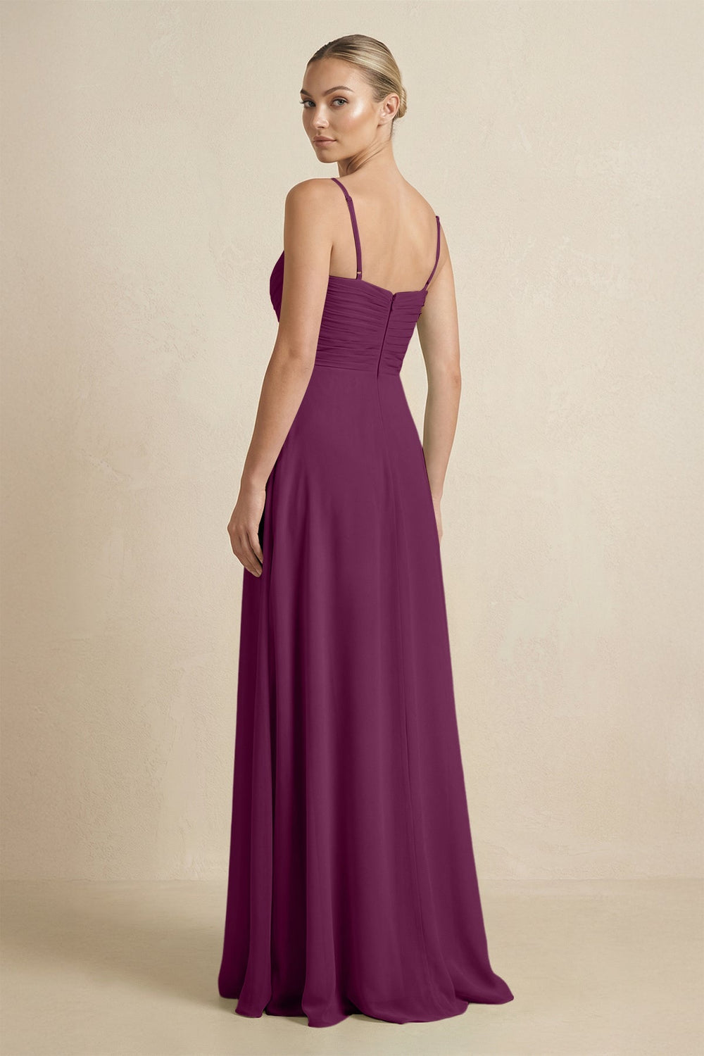 V - Neck A - Line Chiffon Pleated Bridesmaid Dress in Fig - SHE IS ME Bridesmaid Dresses