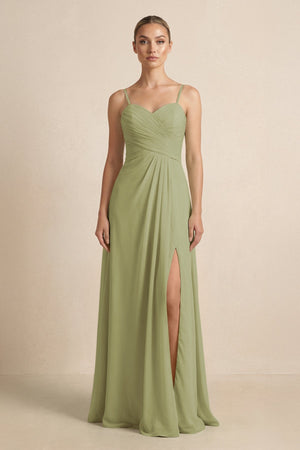 V - Neck A - Line Chiffon Pleated Bridesmaid Dress in Moss Green - SHE IS ME Bridesmaid Dresses