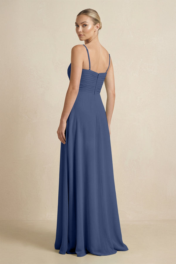 V - Neck A - Line Chiffon Pleated Bridesmaid Dress in Navy - SHE IS ME Bridesmaid Dresses