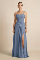 V - Neck A - Line Chiffon Pleated Bridesmaid Dress in Neptune - SHE IS ME Bridesmaid Dresses