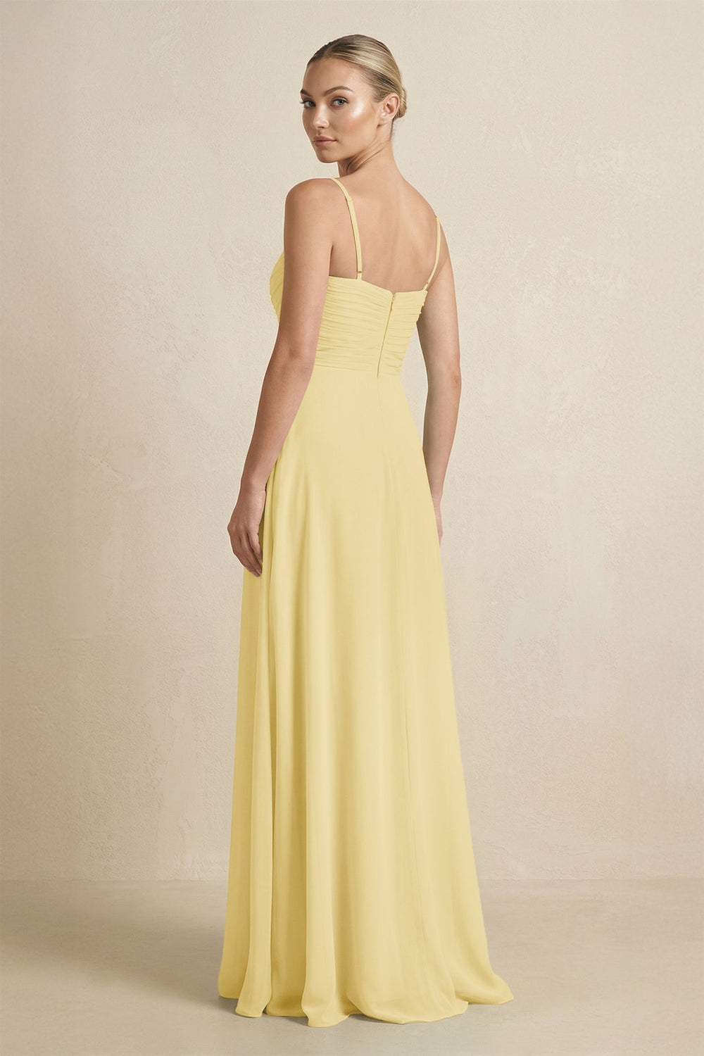 V - Neck A - Line Chiffon Pleated Bridesmaid Dress in Pastel Yellow - SHE IS ME Bridesmaid Dresses