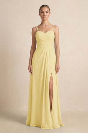 V - Neck A - Line Chiffon Pleated Bridesmaid Dress in Pastel Yellow - SHE IS ME Bridesmaid Dresses