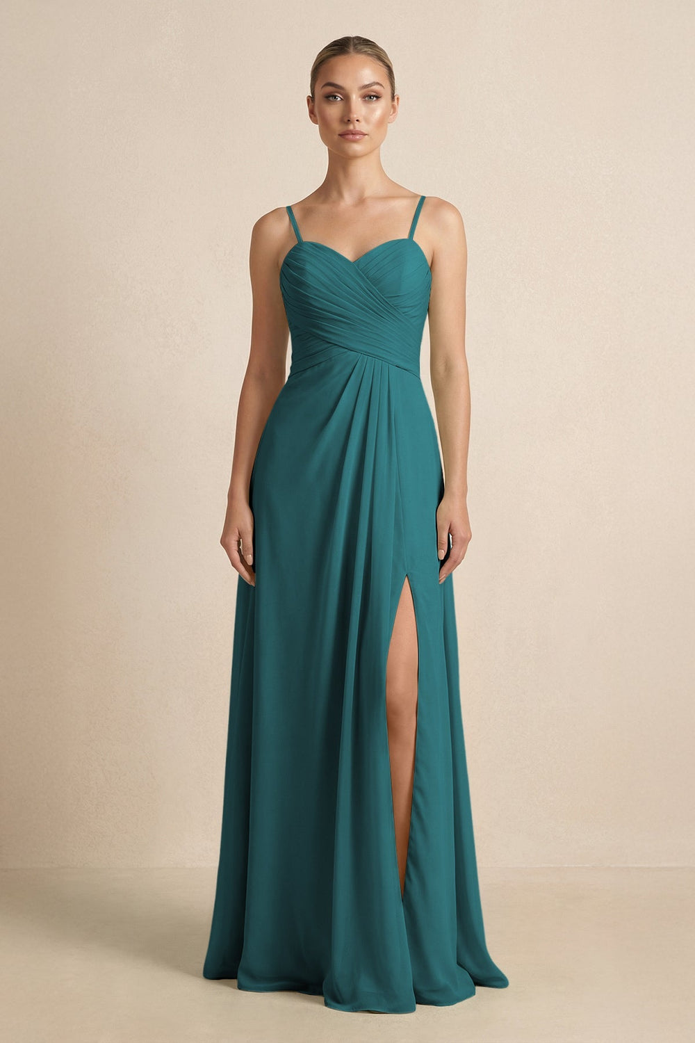 V - Neck A - Line Chiffon Pleated Bridesmaid Dress in Pine - SHE IS ME Bridesmaid Dresses
