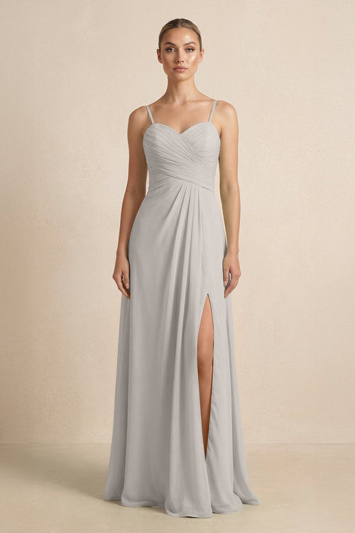 V - Neck A - Line Chiffon Pleated Bridesmaid Dress in Silver - SHE IS ME Bridesmaid Dresses