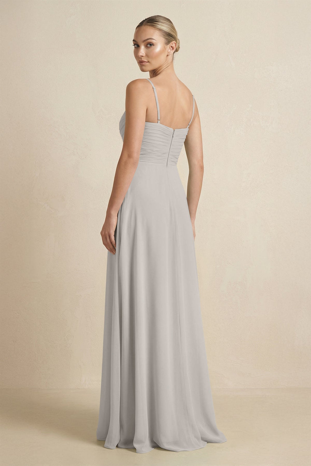 V - Neck A - Line Chiffon Pleated Bridesmaid Dress in Silver - SHE IS ME Bridesmaid Dresses