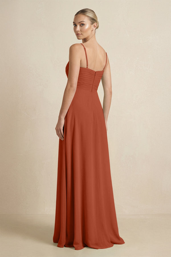 V - Neck A - Line Chiffon Pleated Bridesmaid Dress in Spice - SHE IS ME Bridesmaid Dresses