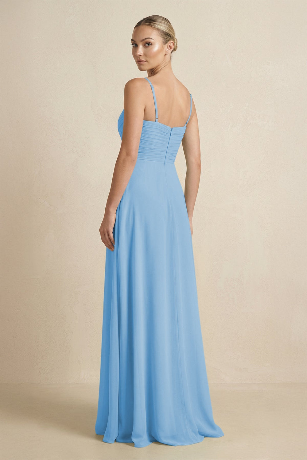 V - Neck A - Line Chiffon Pleated Bridesmaid Dress in Steel Blue - SHE IS ME Bridesmaid Dresses