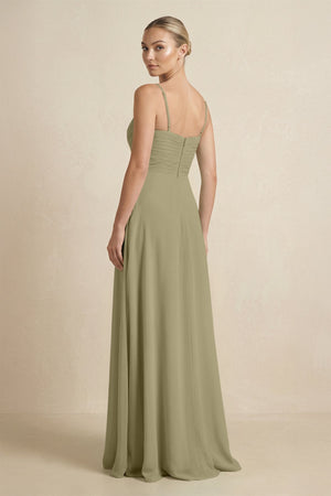V - Neck A - Line Chiffon Pleated Bridesmaid Dress in Thyme - SHE IS ME Bridesmaid Dresses