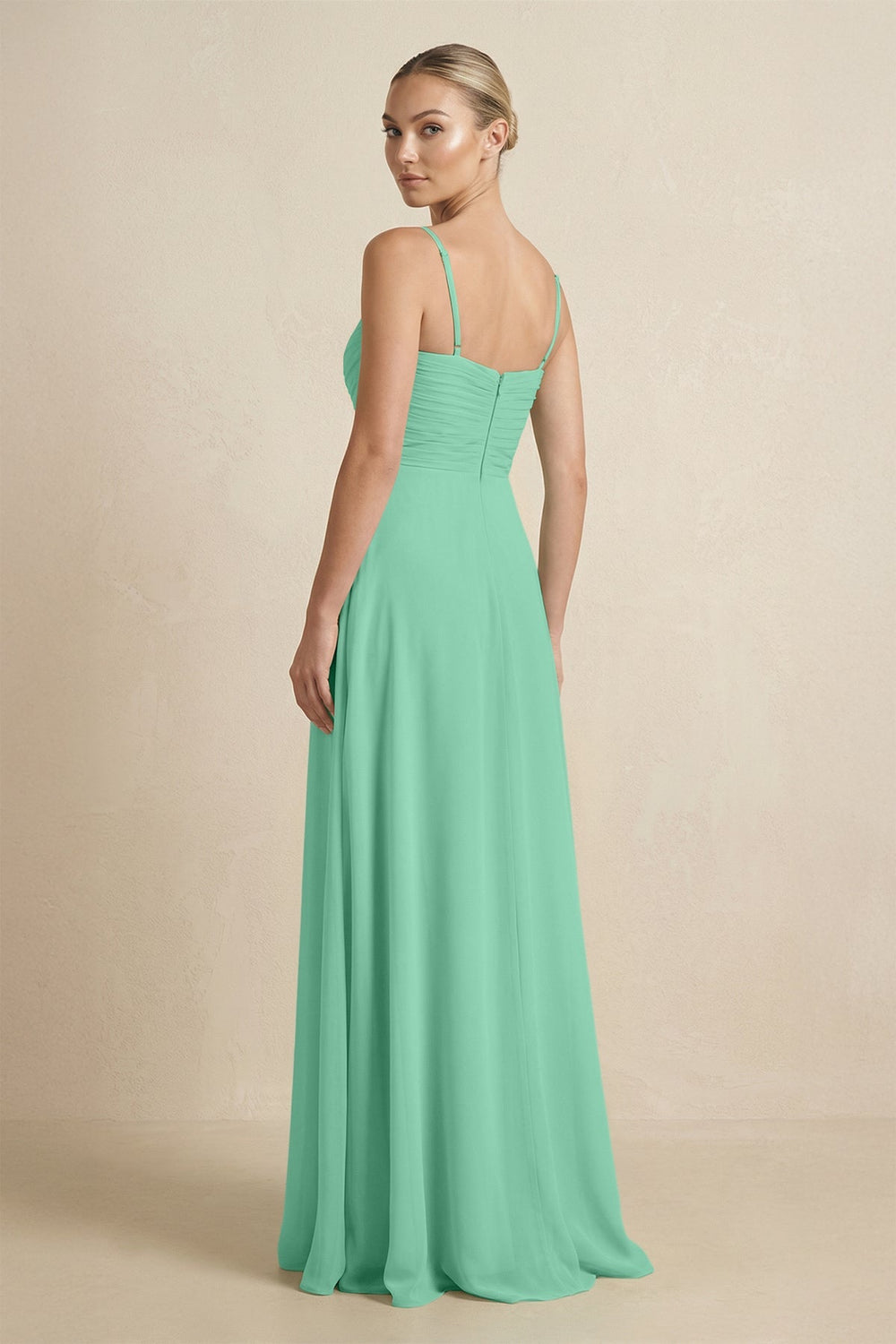 V - Neck A - Line Chiffon Pleated Bridesmaid Dress in Turquoise - SHE IS ME Bridesmaid Dresses