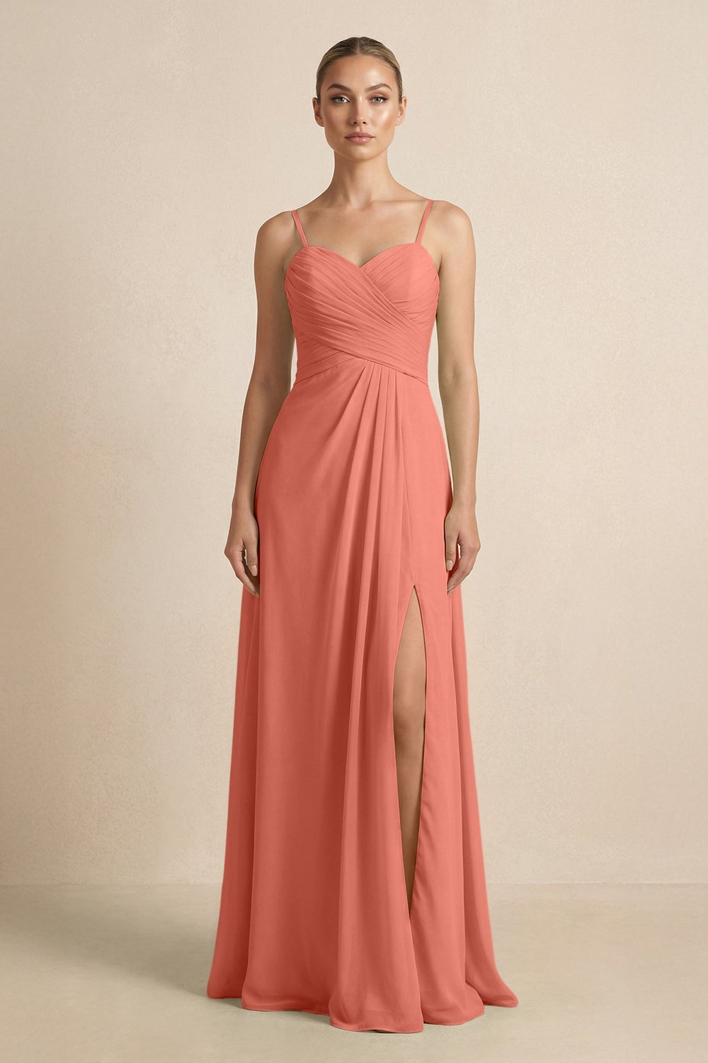 V - Neck A - Line Chiffon Pleated Bridesmaid Dress in Wild Rose - SHE IS ME Bridesmaid Dresses