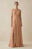 V - Neck A - Line Chiffon Ruffled Bridesmaid Dress in Bronzer - SHE IS ME Bridesmaid Dresses