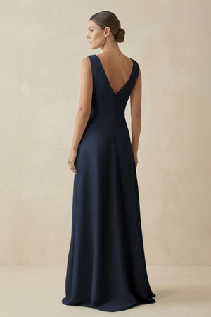V - Neck A - Line Chiffon Ruffled Bridesmaid Dress in Dark Navy - SHE IS ME Bridesmaid Dresses