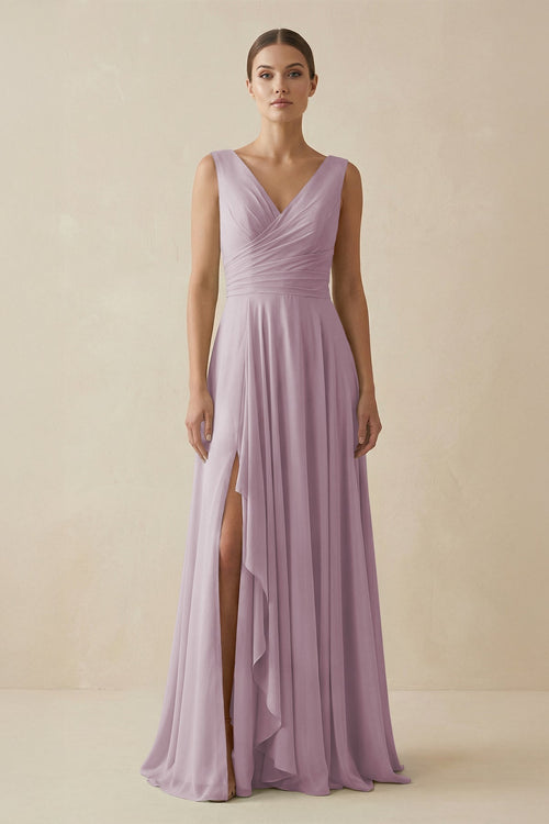 V - Neck A - Line Chiffon Ruffled Bridesmaid Dress in Dusk - SHE IS ME Bridesmaid Dresses