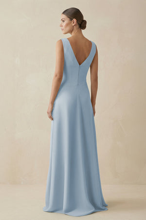 V - Neck A - Line Chiffon Ruffled Bridesmaid Dress in Dusty Blue - SHE IS ME Bridesmaid Dresses