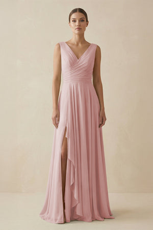 V - Neck A - Line Chiffon Ruffled Bridesmaid Dress in Dusty Rose - SHE IS ME Bridesmaid Dresses