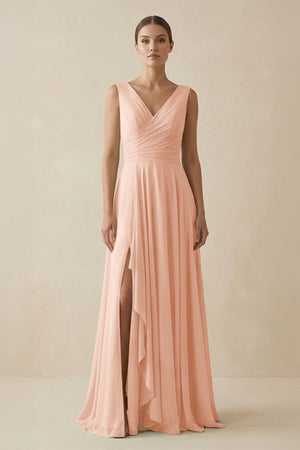 V - Neck A - Line Chiffon Ruffled Bridesmaid Dress in English Rose - SHE IS ME Bridesmaid Dresses