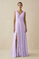 V - Neck A - Line Chiffon Ruffled Bridesmaid Dress in Lavender - SHE IS ME Bridesmaid Dresses