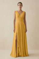 V - Neck A - Line Chiffon Ruffled Bridesmaid Dress in Marigold - SHE IS ME Bridesmaid Dresses