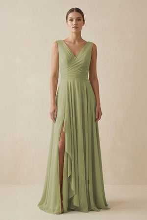 V - Neck A - Line Chiffon Ruffled Bridesmaid Dress in Moss Green - SHE IS ME Bridesmaid Dresses