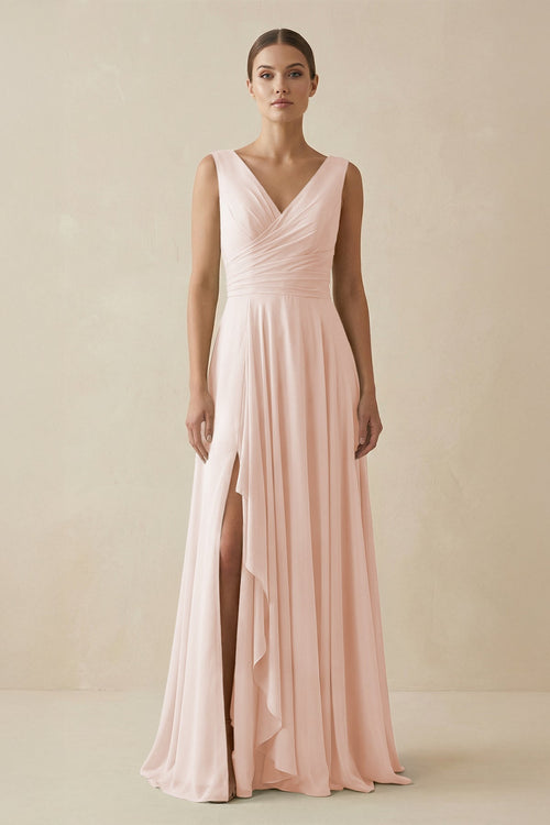V - Neck A - Line Chiffon Ruffled Bridesmaid Dress in Pale Blush - SHE IS ME Bridesmaid Dresses