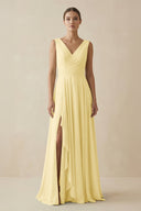 V - Neck A - Line Chiffon Ruffled Bridesmaid Dress in Pastel Yellow - SHE IS ME Bridesmaid Dresses