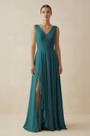 V - Neck A - Line Chiffon Ruffled Bridesmaid Dress in Pine - SHE IS ME Bridesmaid Dresses