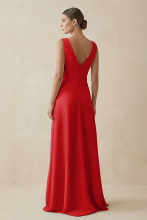 V - Neck A - Line Chiffon Ruffled Bridesmaid Dress in Ruby Red - SHE IS ME Bridesmaid Dresses