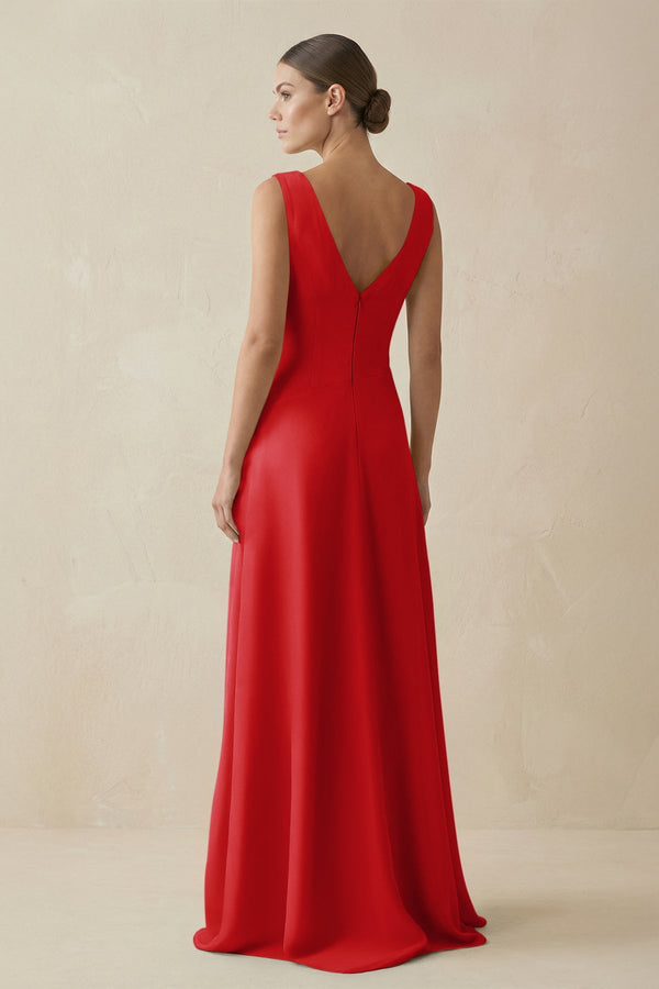 V - Neck A - Line Chiffon Ruffled Bridesmaid Dress in Ruby Red - SHE IS ME Bridesmaid Dresses