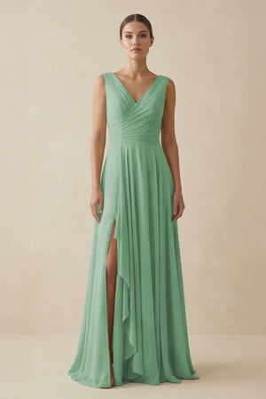 V - Neck A - Line Chiffon Ruffled Bridesmaid Dress in Sea Glass - SHE IS ME Bridesmaid Dresses