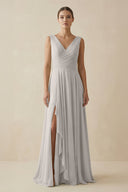 V - Neck A - Line Chiffon Ruffled Bridesmaid Dress in Silver - SHE IS ME Bridesmaid Dresses