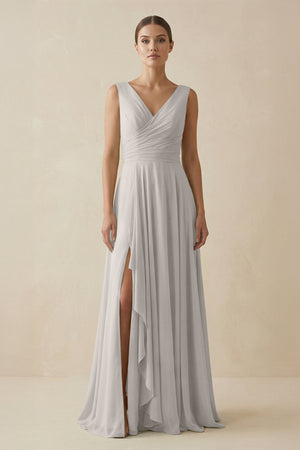 V - Neck A - Line Chiffon Ruffled Bridesmaid Dress in Silver - SHE IS ME Bridesmaid Dresses