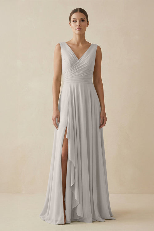 V - Neck A - Line Chiffon Ruffled Bridesmaid Dress in Silver - SHE IS ME Bridesmaid Dresses