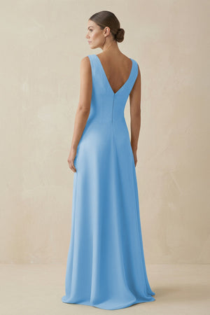 V - Neck A - Line Chiffon Ruffled Bridesmaid Dress in Steel Blue - SHE IS ME Bridesmaid Dresses