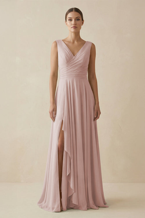 V - Neck A - Line Chiffon Ruffled Bridesmaid Dress in Toffee - SHE IS ME Bridesmaid Dresses