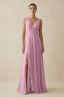 V - Neck A - Line Chiffon Ruffled Bridesmaid Dress in Vintage Mauve - SHE IS ME Bridesmaid Dresses