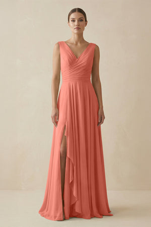 V - Neck A - Line Chiffon Ruffled Bridesmaid Dress in Wild Rose - SHE IS ME Bridesmaid Dresses