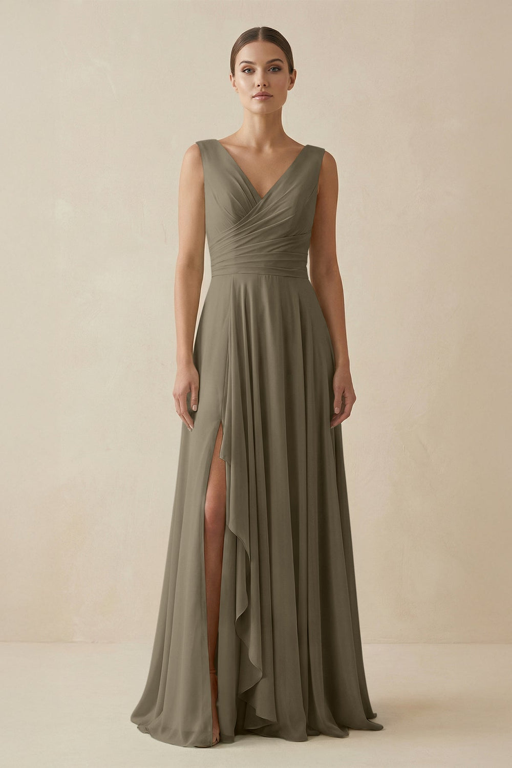 V - Neck A - Line Chiffon Ruffled Bridesmaid Dress in Willow Green - SHE IS ME Bridesmaid Dresses