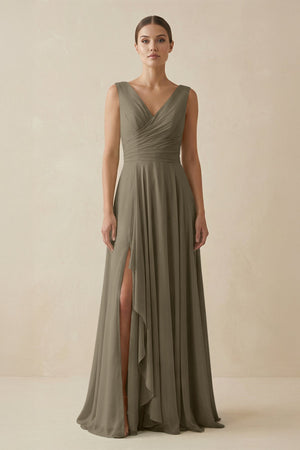 V - Neck A - Line Chiffon Ruffled Bridesmaid Dress in Willow Green - SHE IS ME Bridesmaid Dresses