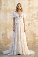 V Neck A Line Lace Wedding Dress in White and Nude - SHE IS ME Wedding Dresses