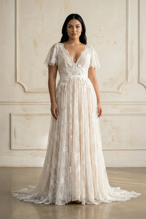V Neck A Line Lace Wedding Dress in White and Nude - SHE IS ME Wedding Dresses