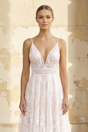V Neck A Line Lace Wedding Dress in White and Nude - SHE IS ME Wedding Dresses