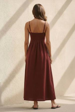 V Neck A - Line Maxi Dress in Burgundy - SHE IS ME
